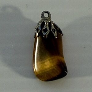 Polished Stone Tumbled Brown Tigers Eye Pendant Silver Tone Vintage